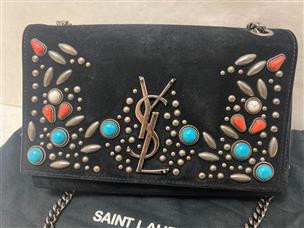 Saint Laurent Black Suede Small Stone Studded Kate Crossbody Bag